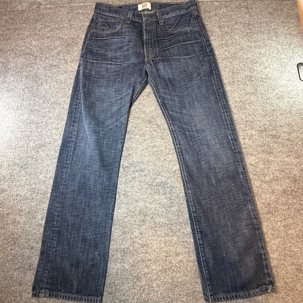 Levis 501 Mens Dark Wash Whiskered Straight Leg Button Fly Cotton Jeans 32x32
